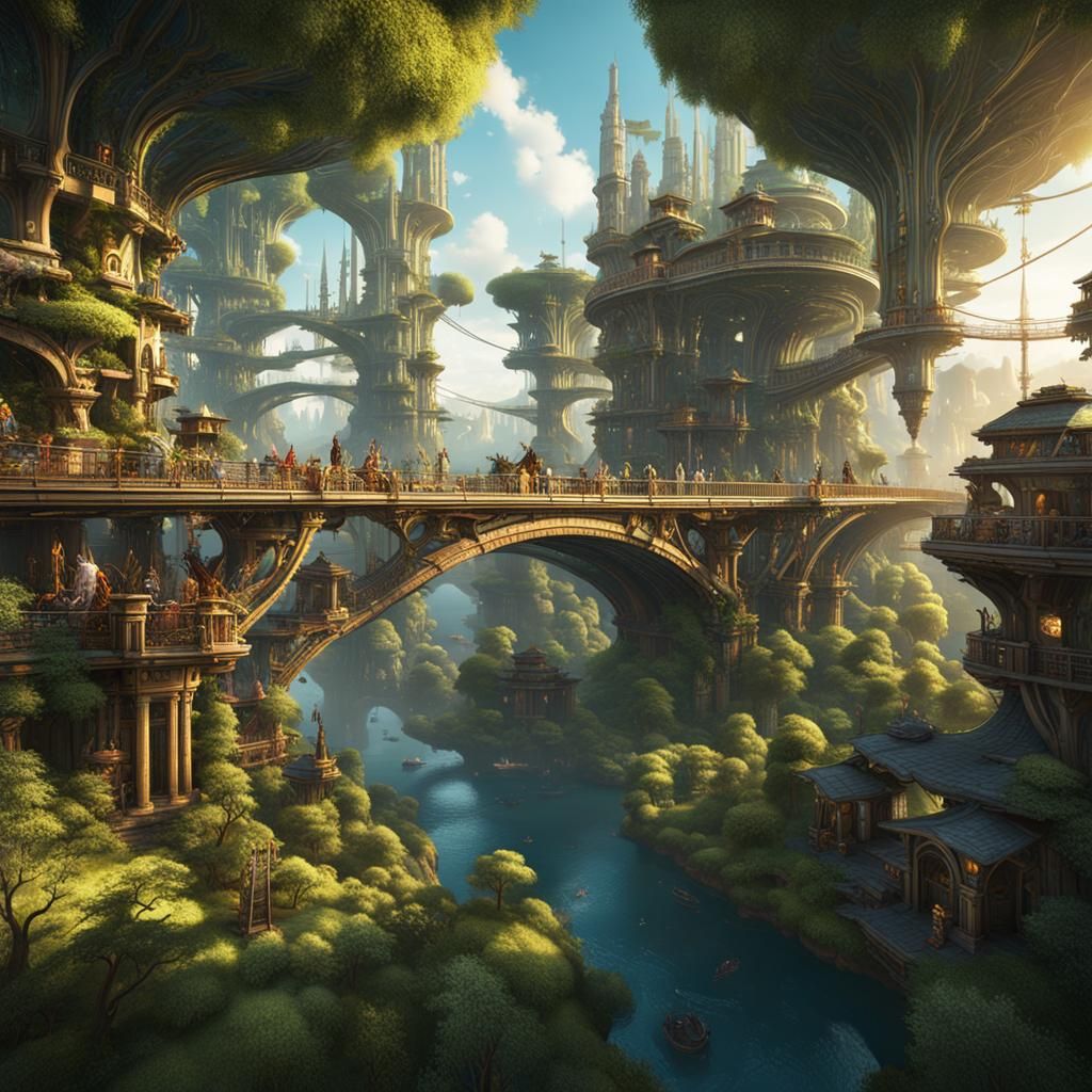 A forest city, solar punk, lots of bridges - AI Generated Artwork ...