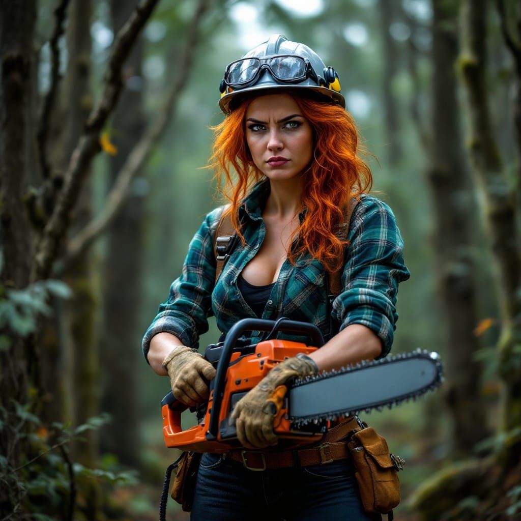 woman with red hair wearing a silver hard hat, safety glasses, ear plugs, green plaid shirt, black jeans, ...  by @Joel S