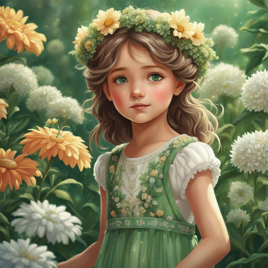 illustration of a young girl with green eyes and dresses, sh...