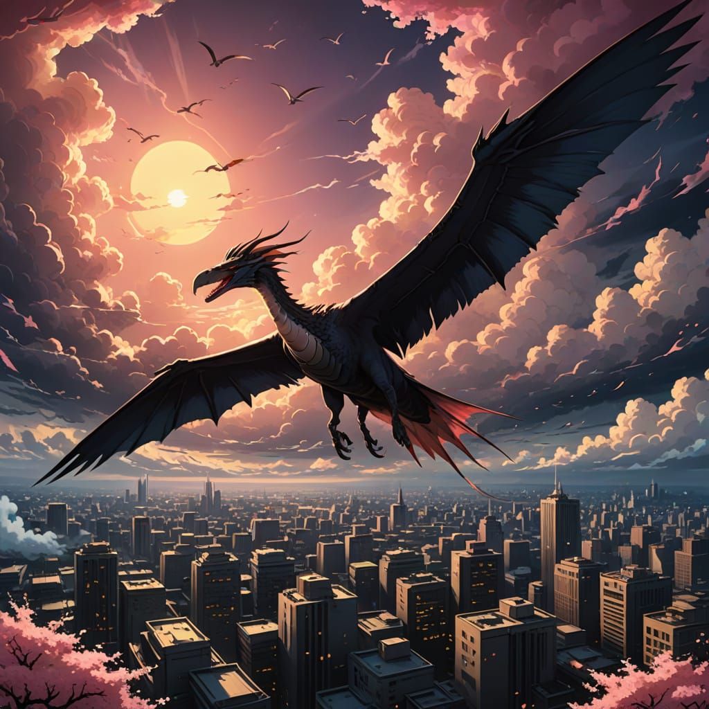 jumping flying Pterodactyl, violent city in the cloud, hitting man. A serene depiction of a peaceful street adorned with pink cherry trees o...