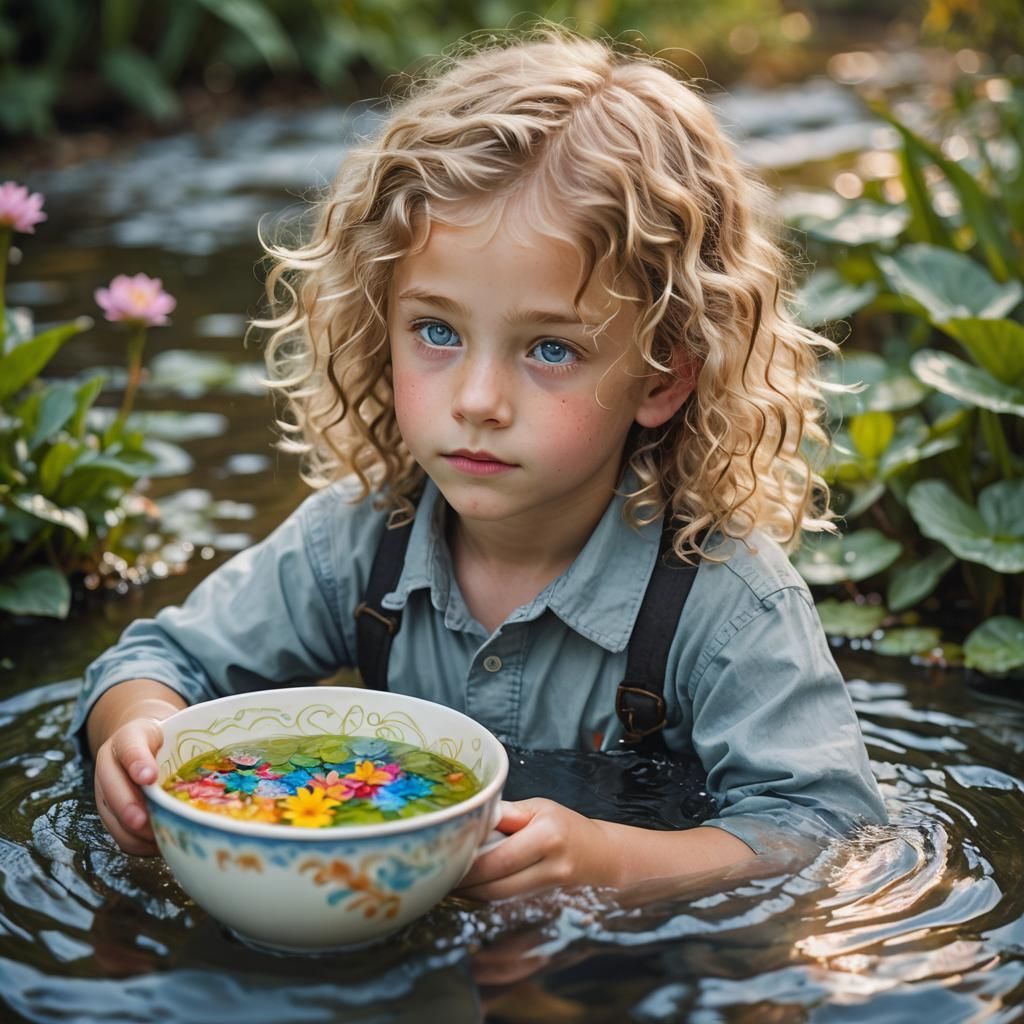 Boy in Teacup Surrounded by Water Plants