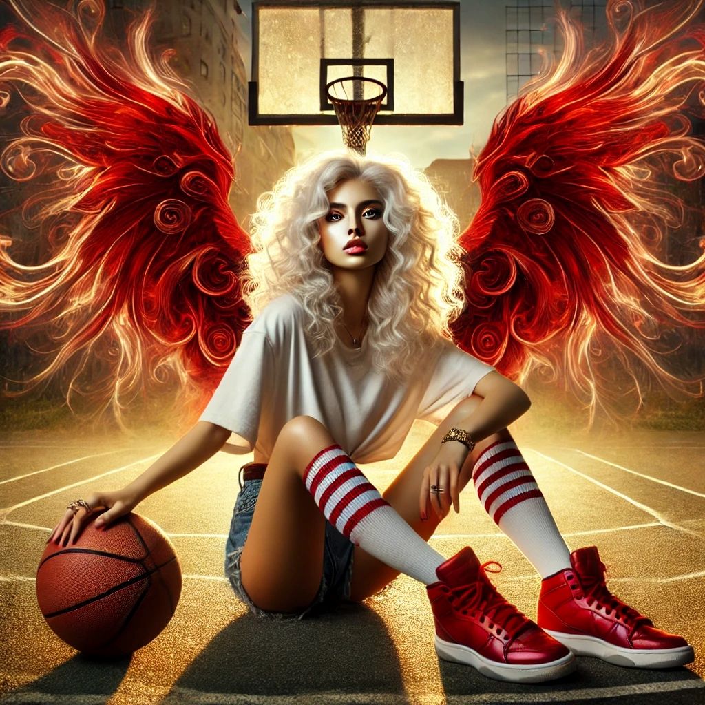 succube sur le terrain de basketball, avec ses ailes majestueuses et son aura mystique