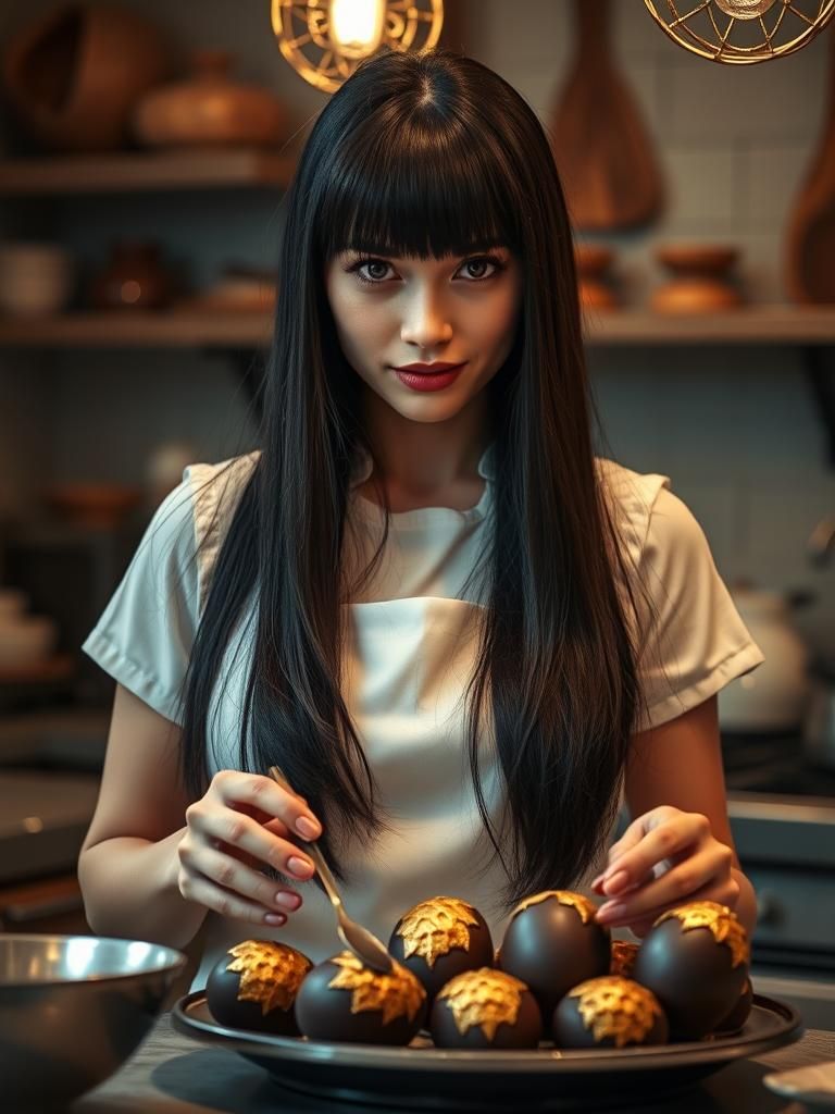 Beautiful Chocolatier woman with long black straight hair and a bang in white apron in the kitchen makes chocolate dragon eggs with golden s...