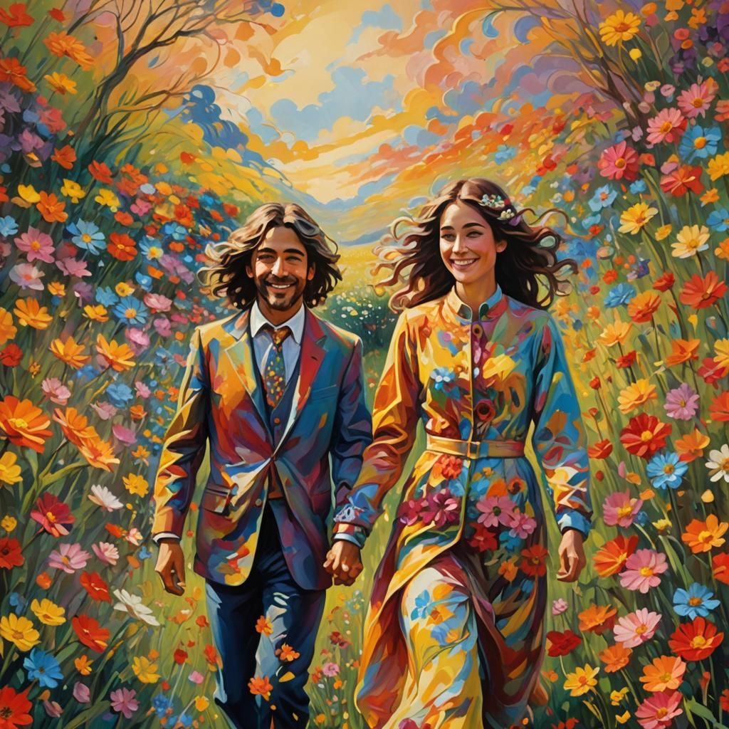 Surrealist Portrait of Couple in Flower Field