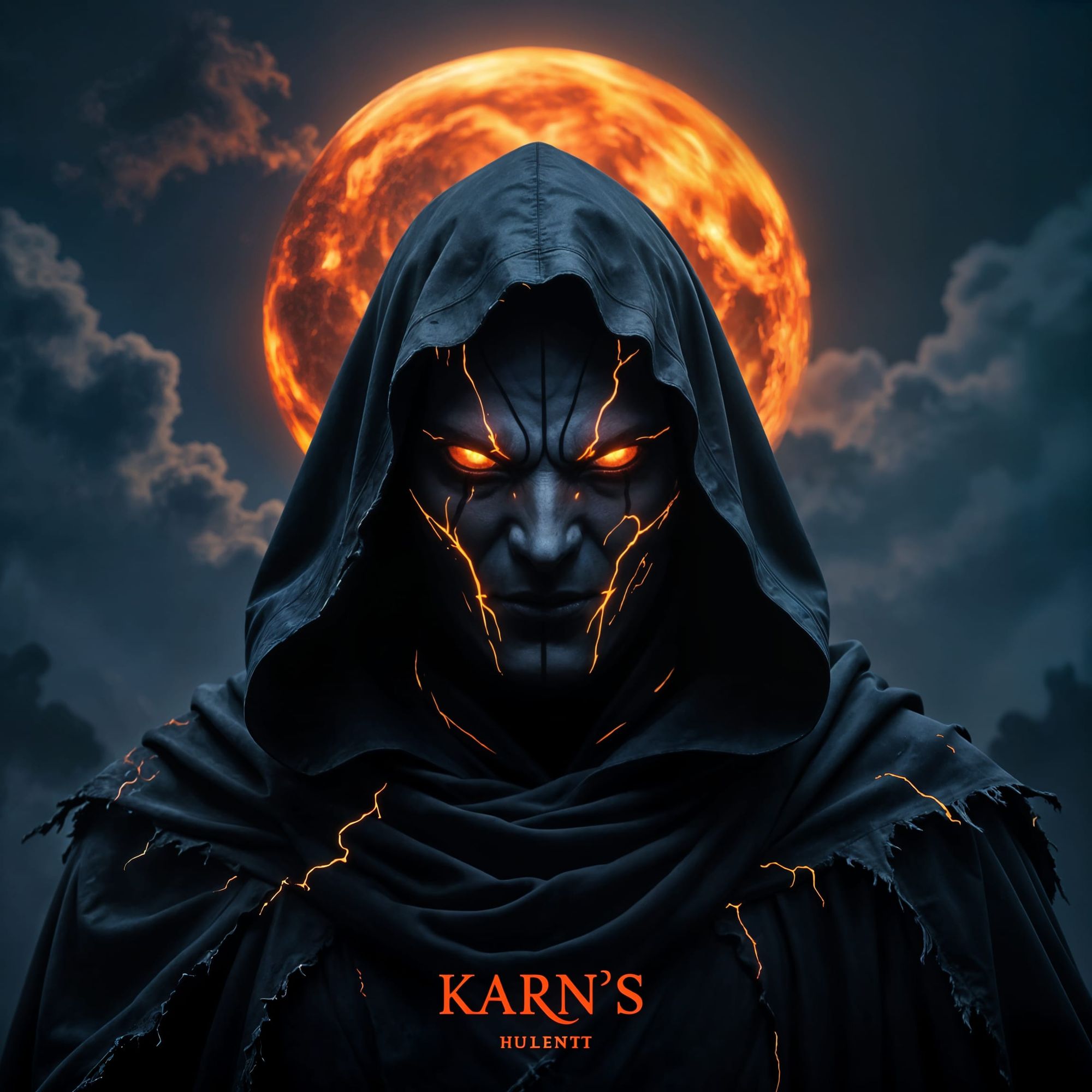 ​Subject: A formidable, menacing figure in a deep, dark cowl and cloak, whose exposed skin or armor is cracked and glowing with molten, volc...