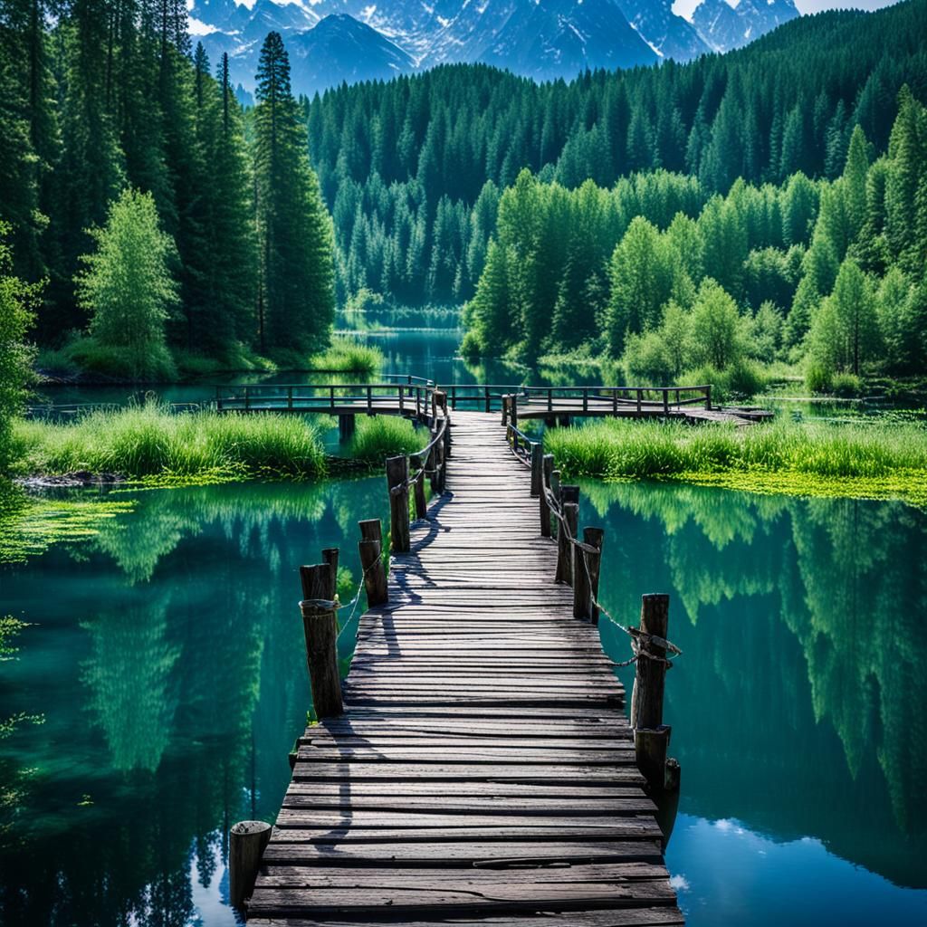A wooden dock going over a lake