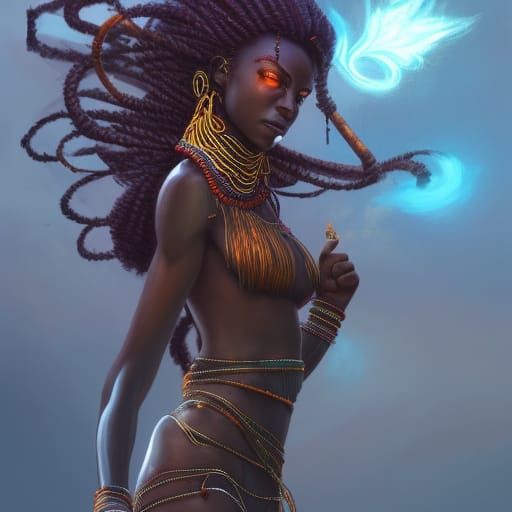 Ancient psychedelic African girl who controls wind