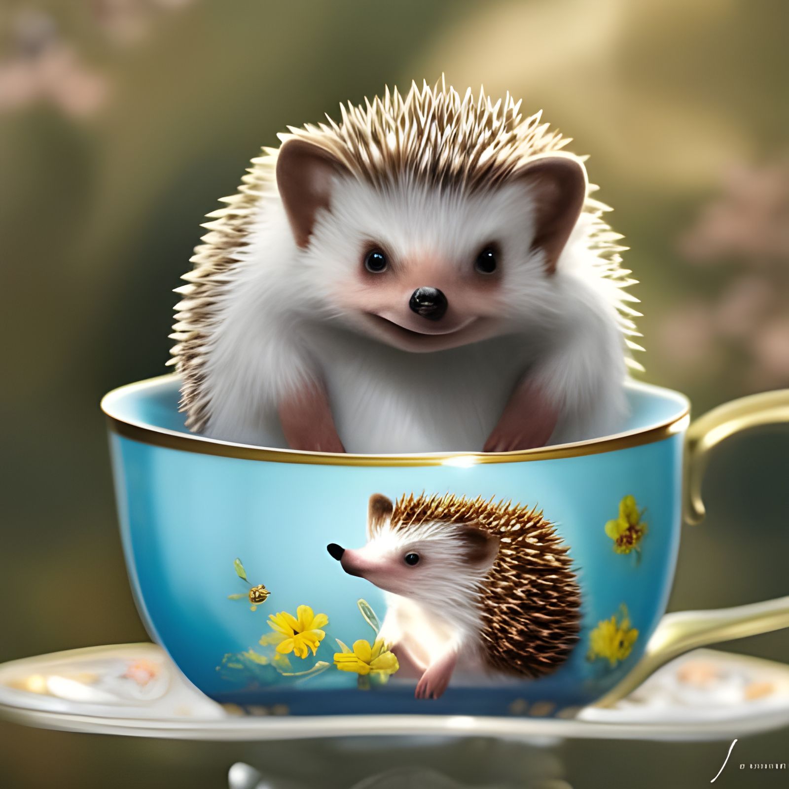 Closeup of an adorable cute baby hedgehog cuddling in teacup  by @ffx