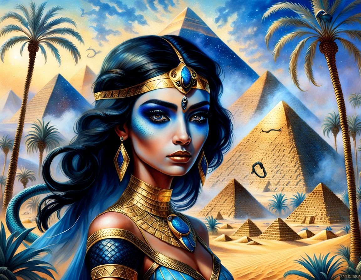 queen of egypt with big black eyes and blue makeup, black ha...