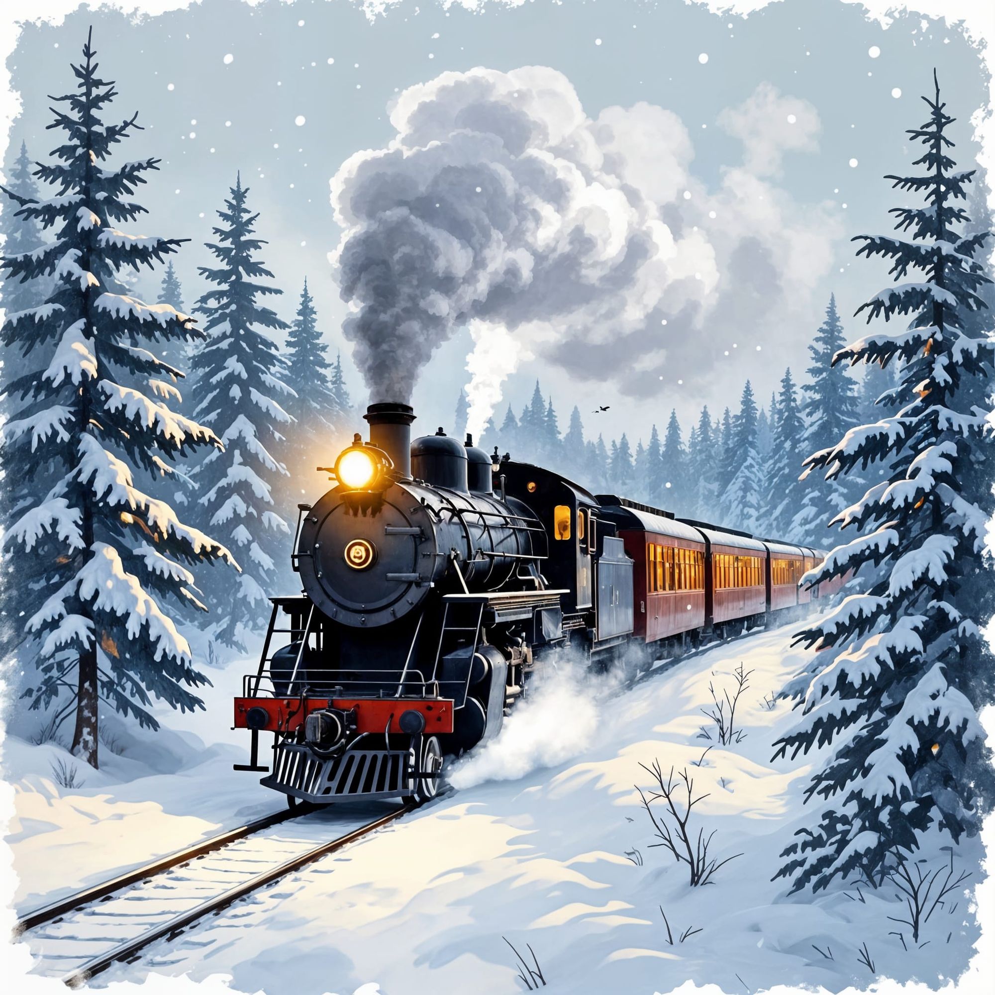 A steam train running through a snow-laden pine forest 
