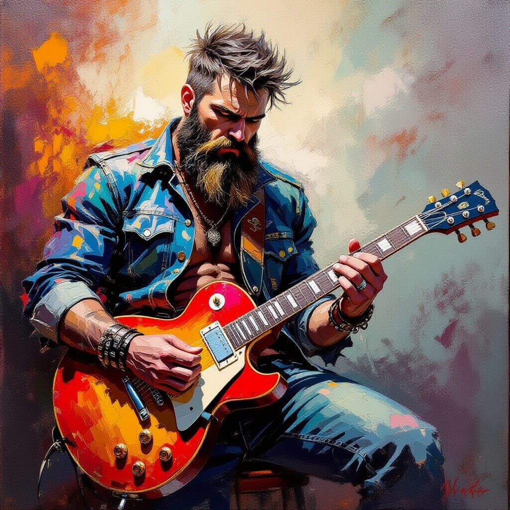 Rugged Heavy Metal Guitarist in Dynamic Pose