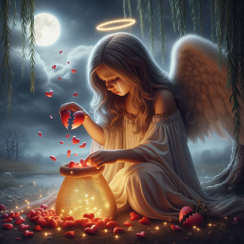 The sad angel child collects broken hearts falling from a weeping willow tree 😢