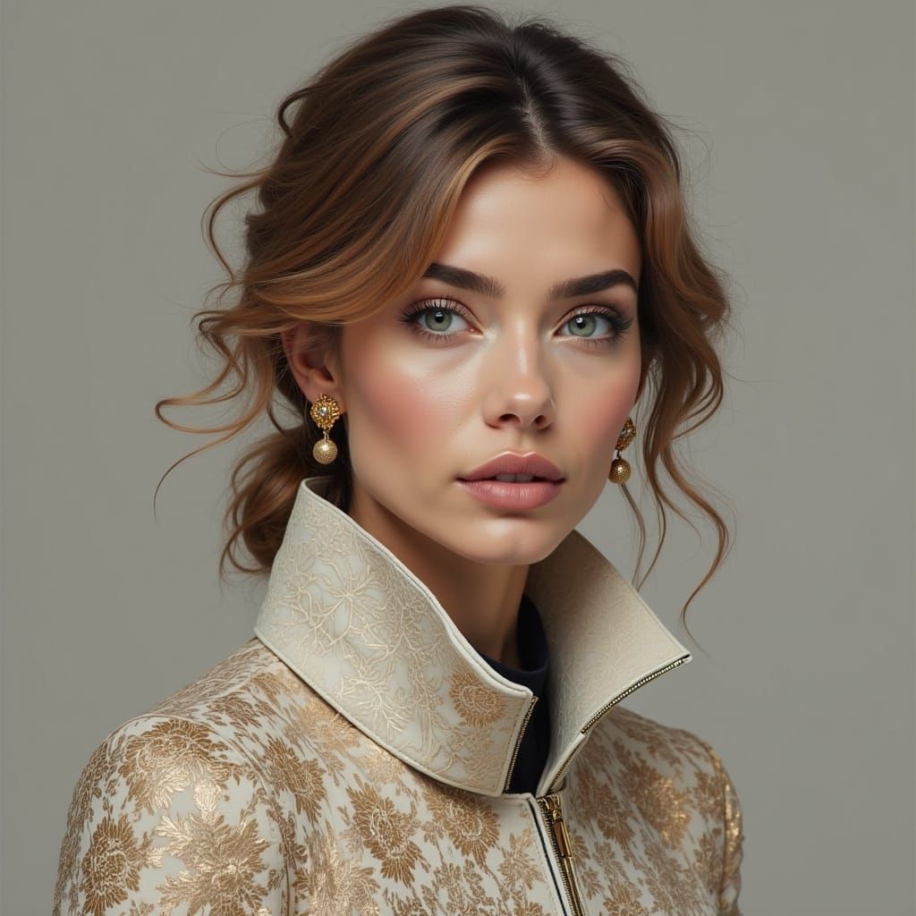 <lora:Screen Printz:1.0> Portrait of a woman in a high collar designer fashion outfit