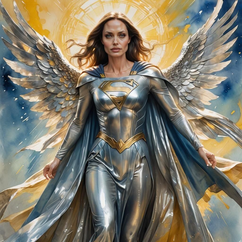 Angelina Jolie As Supergirl, wearing silver Supergirl outfit, Large silver cape, silver skirt, full body, perfect face, perfect hand, Angel...