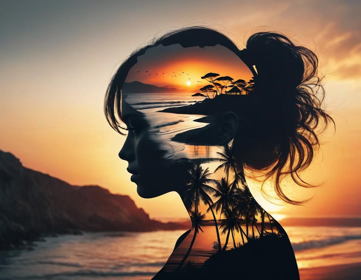 beautiful double exposure that combines a woman's silhouette with sunset coast, sunset coast the underlying ...  by @Missysmom