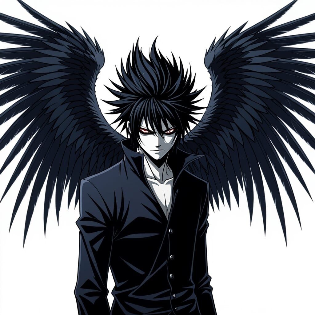 "Create a   alike image not same to same death note anime character Ryuk with some steps.keep the wings naturally extanding to the edge of t...