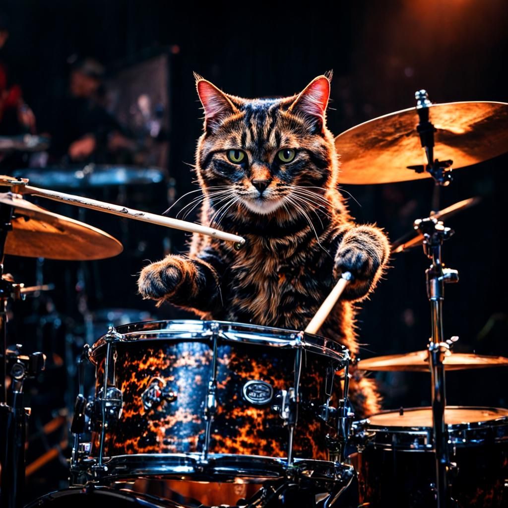 A tortoiseshell cat 🐱 on stage playing the drums intricate ...