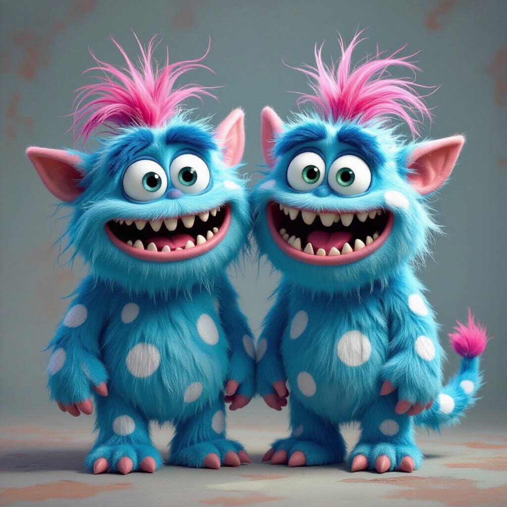 a silly blue monster with white spots, 2 heads and 2 necks, 2 mouths, 5 eyes, 5 legs, pink hair, 7 silly ears