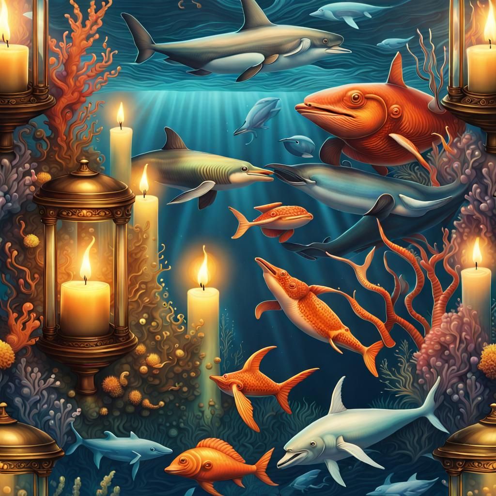 Candlelit Underwater Scene with Marine Animals