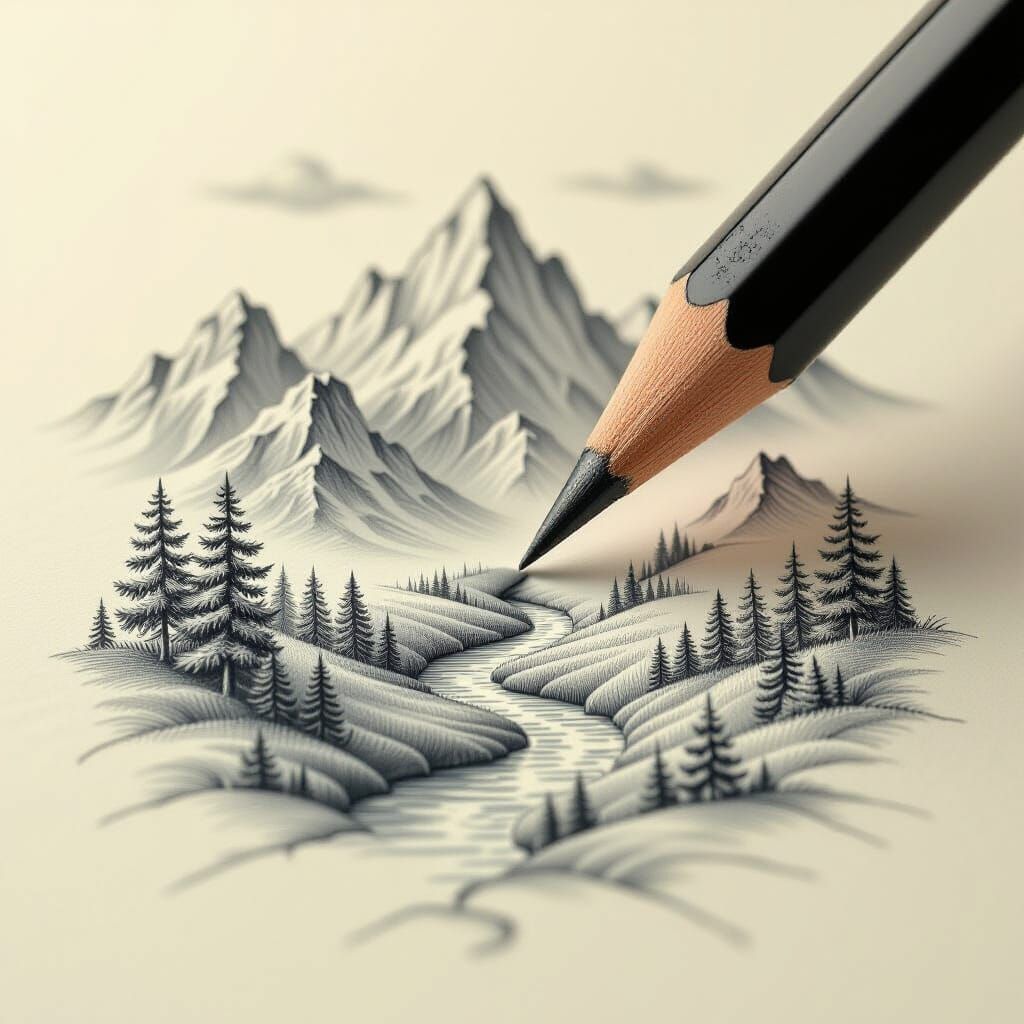 Pencil Drawing of Spring Mountainscape: Anamorphic Art