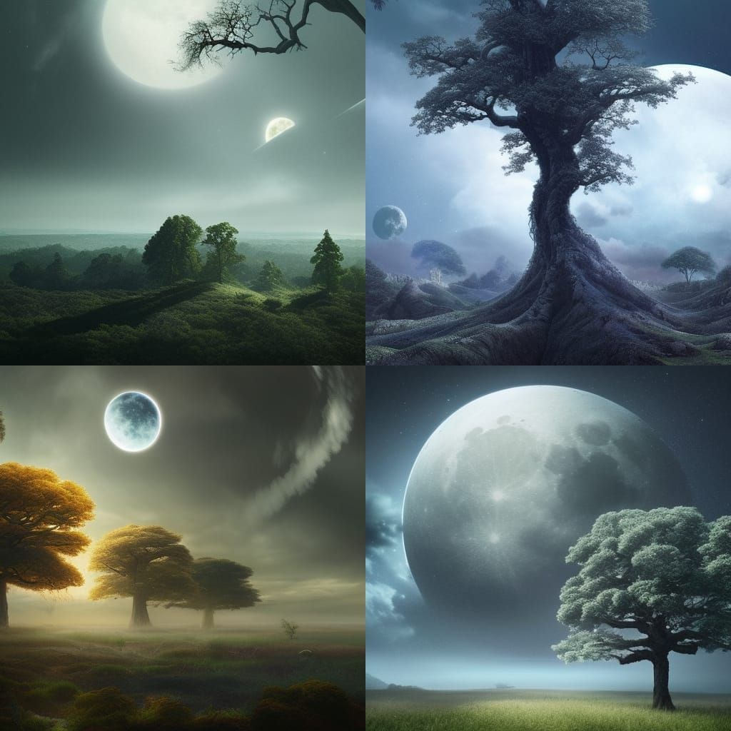 Trees, planet,sky, clouds,moon