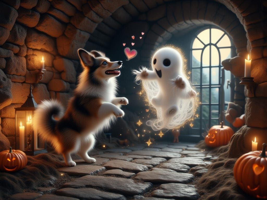 <lora:FiosAutumnOWeen:1.0> Boo!!! Benji Sheltie and the Ghost of Halloween past!!!