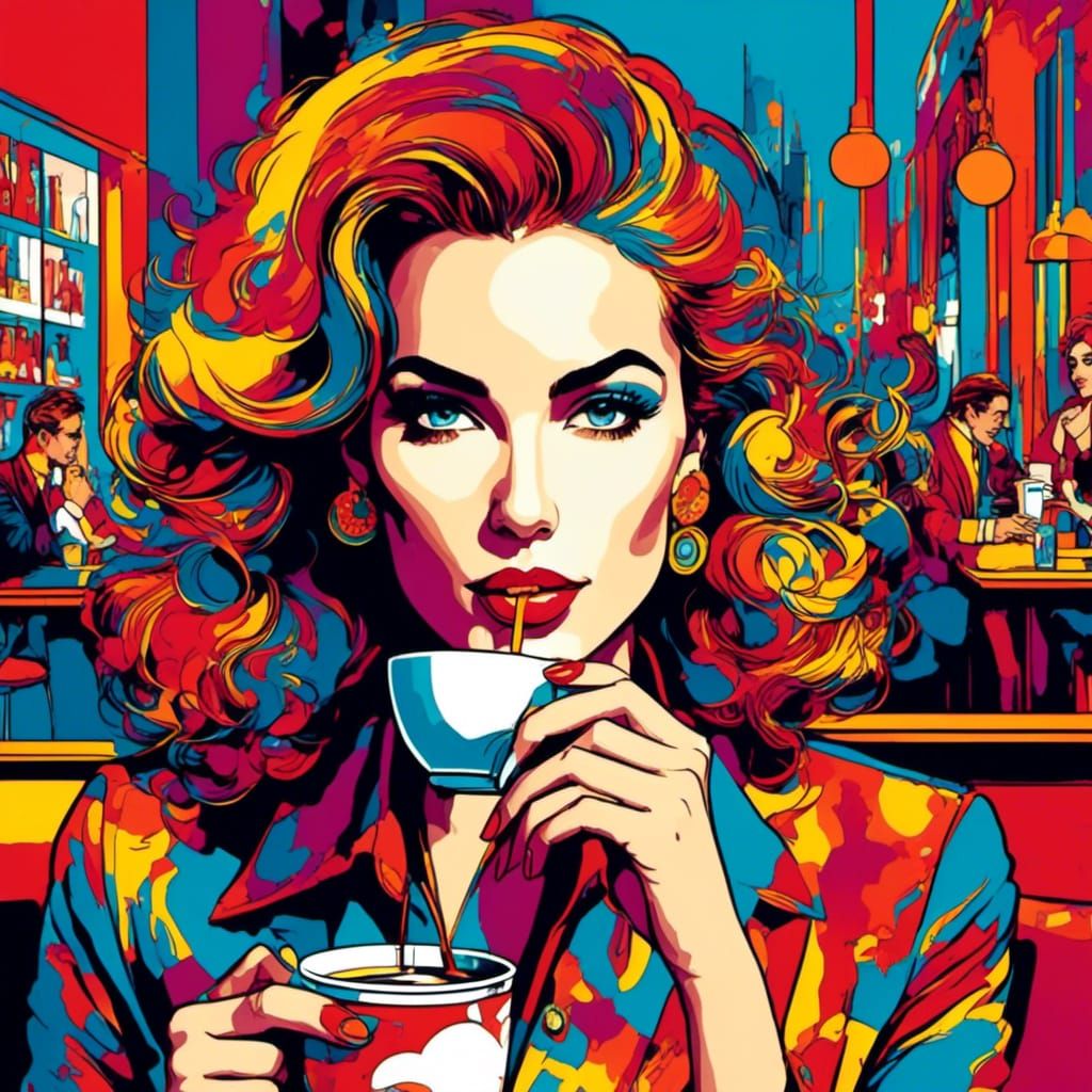 <lora:Pop Art style:1.0> Woman sipping a coffe in a busy bar, 