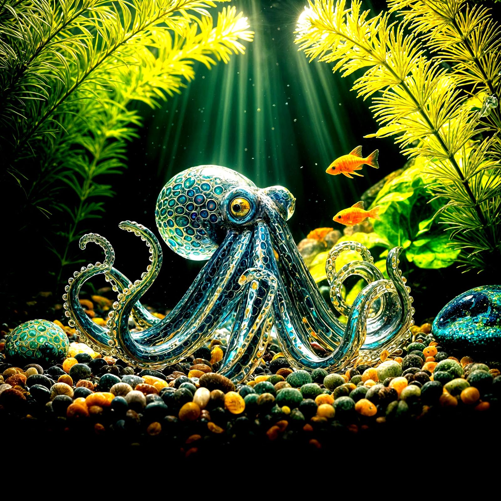 A glass art octopus in an aquarium