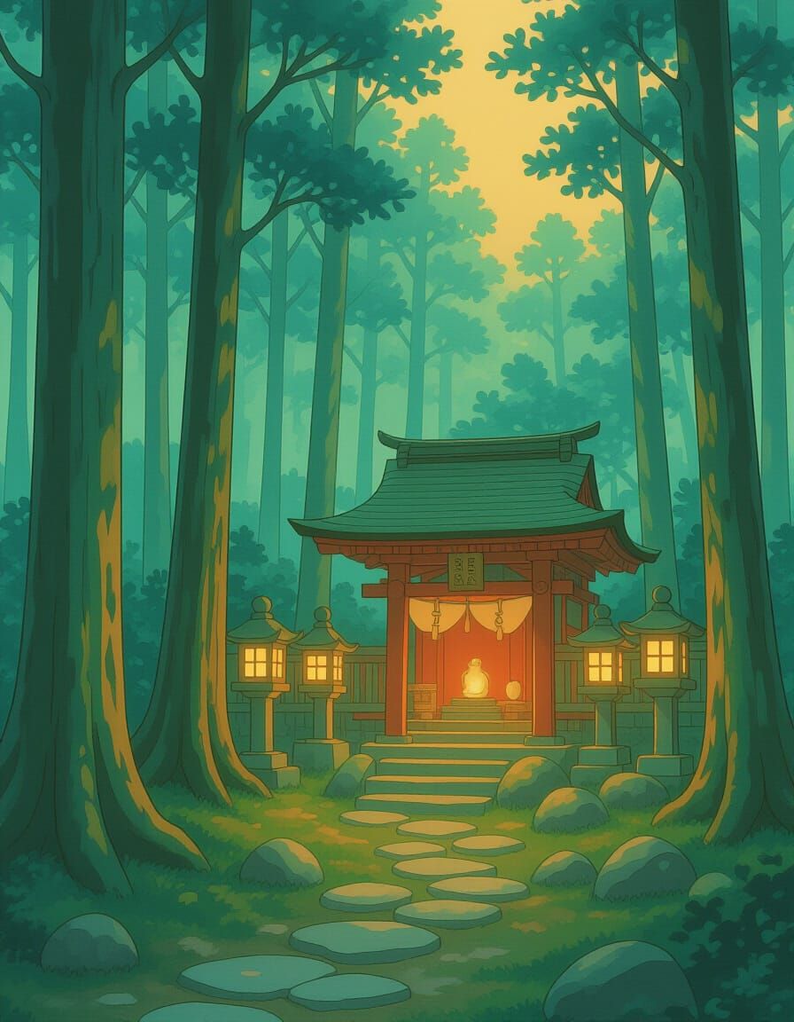 Serene Shinto Shrine in Forest, Anime Style