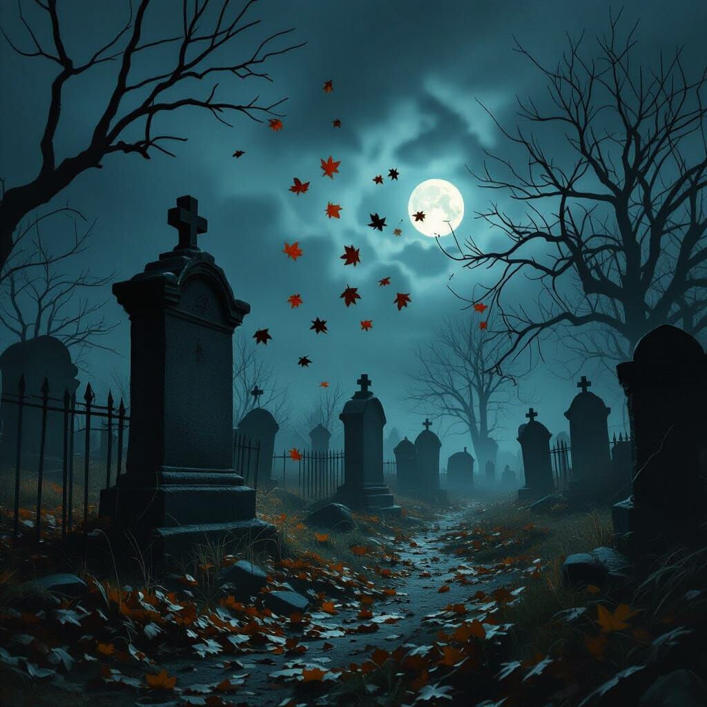 Eerie Cemetery at Night in Dark Surrealist Style