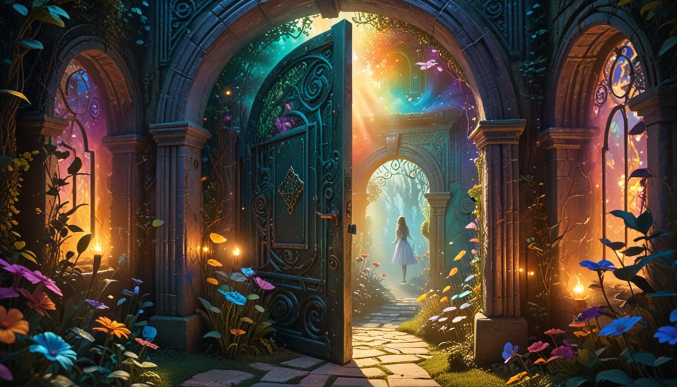 A girl's bedroom door turns into a gateway opening to another realm, leading to a mystical garden labyrinth, ...  by @ih432