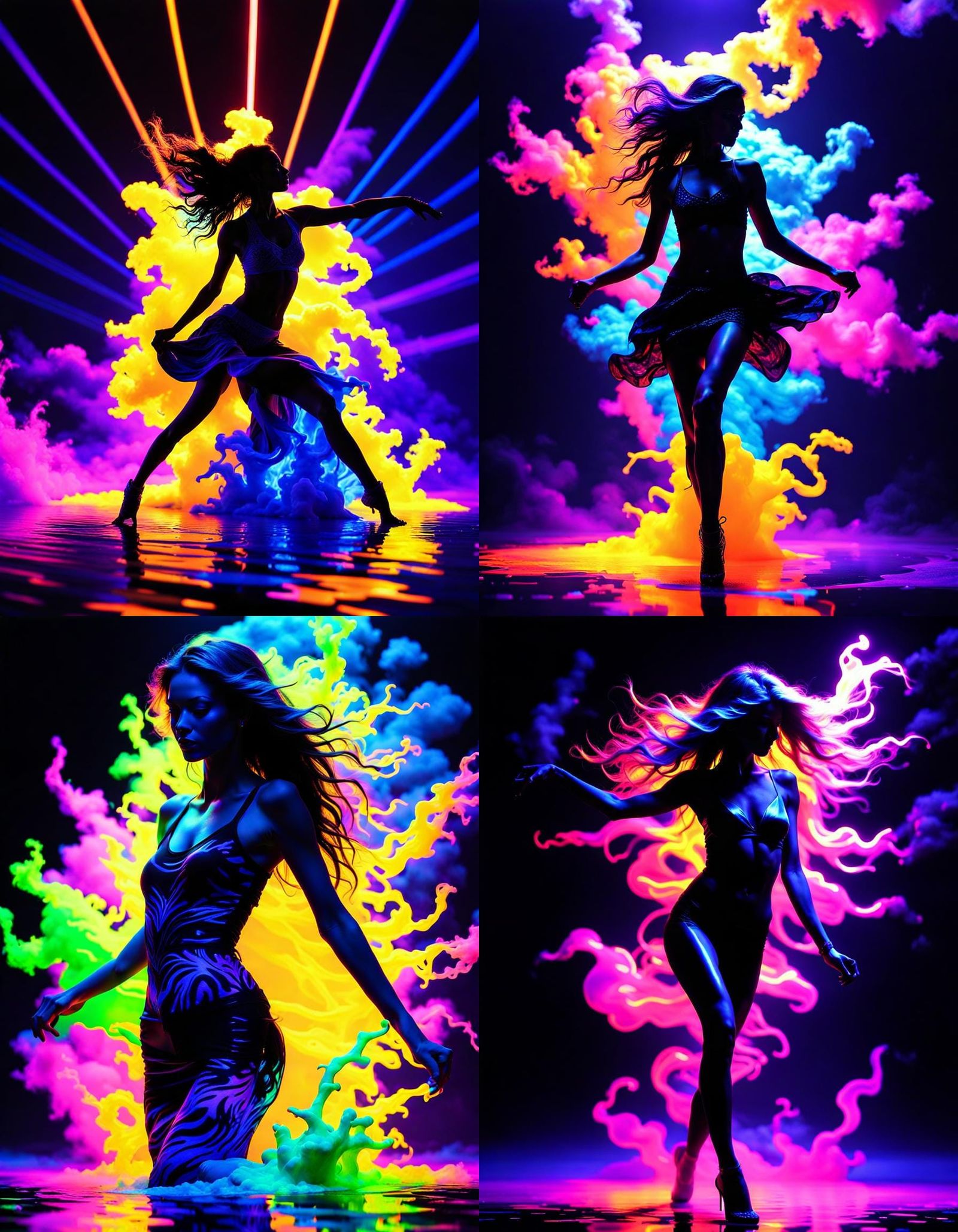 wild dancing silhouette of young attractive skinny supermodel in black light, clothing shining with UV florescence, wate...