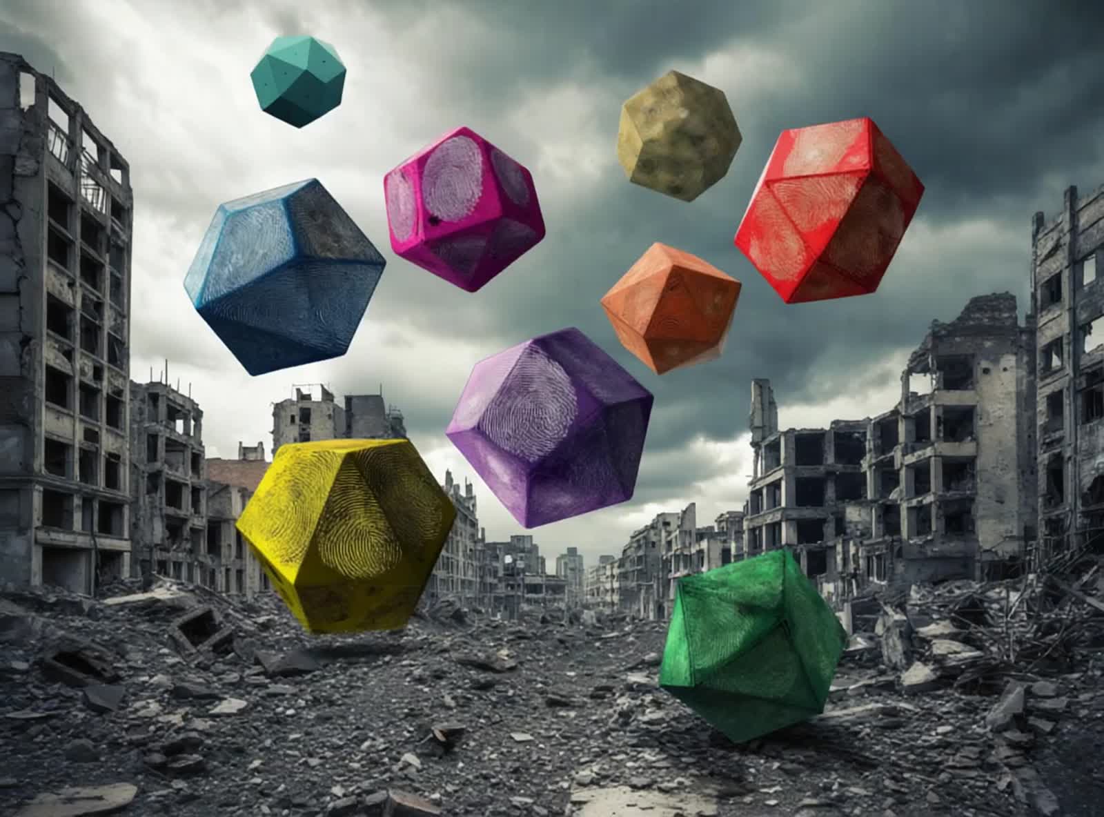 15 dodecahedrons with different surface colors and the surface texture of human fingerprints, are flying around each oth...