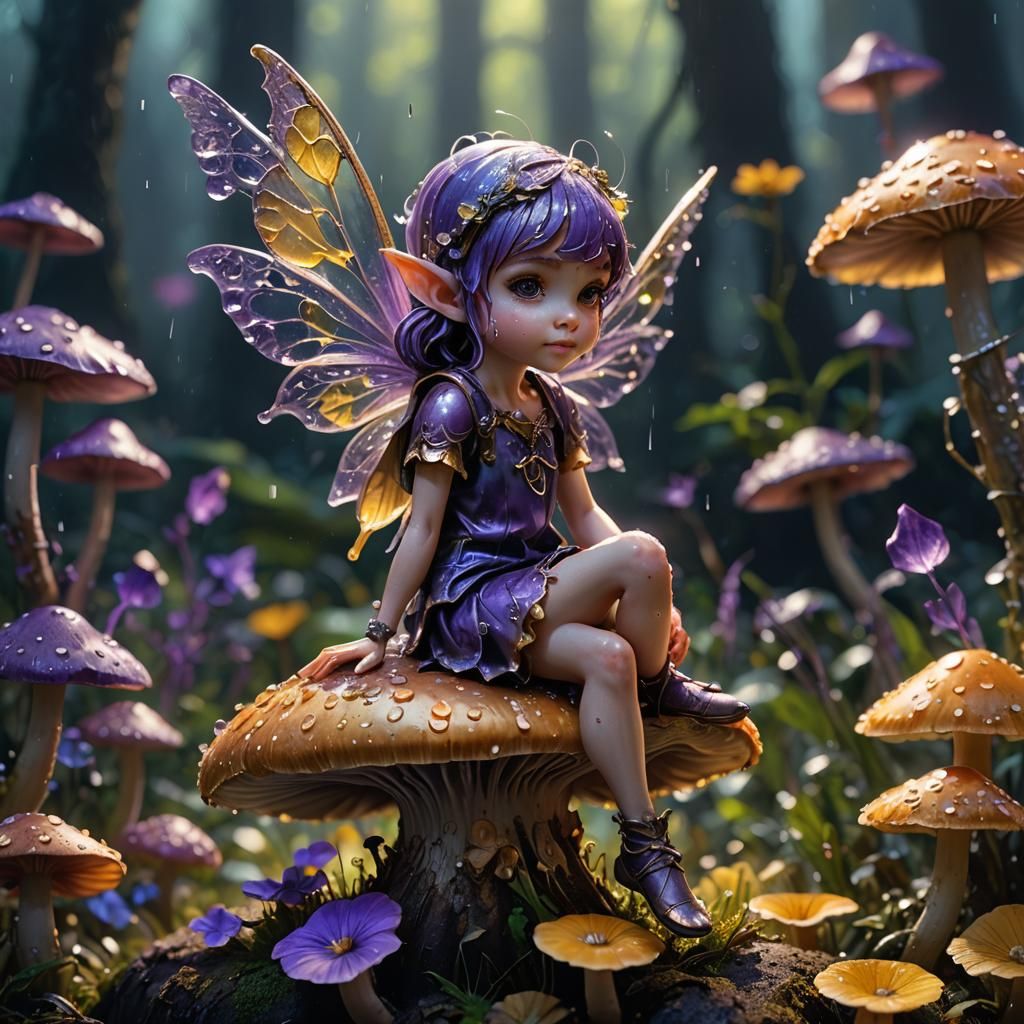 Macro photography of a tiny fairy sitting on a mushroom. Dew...