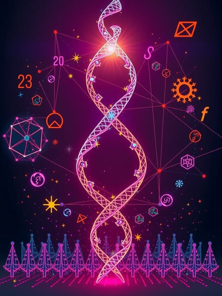 Mysterious DNA Helix with Mathematical Symbols in Vibrant Li...