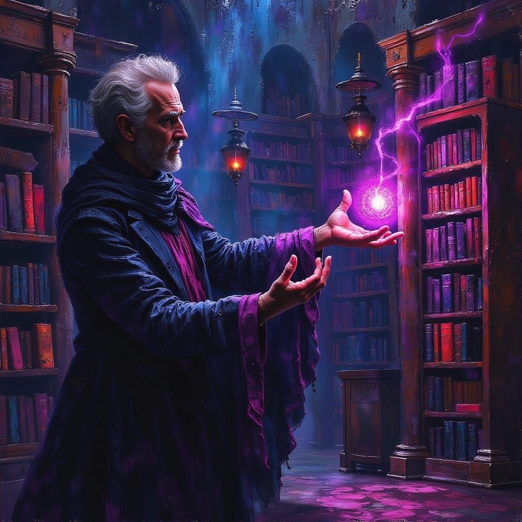 <lora:MJ6:1.0> A mysterious wizard casting spells in a dimly lit library, hyperrealistic, photorealistic, insane clarity and detail, the ov...