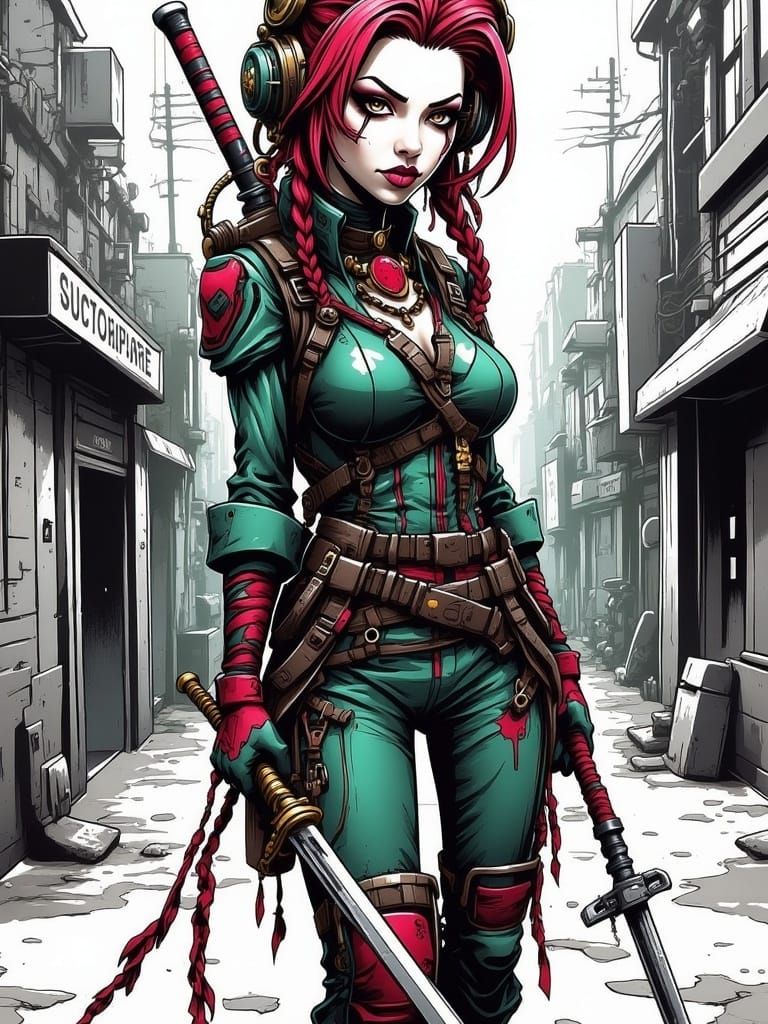 <lora:GutterballFL:1.0> Gorgeous punky jinx woman in desolate streets with maroon and green braided hair and attractive tattered outfit, bri...