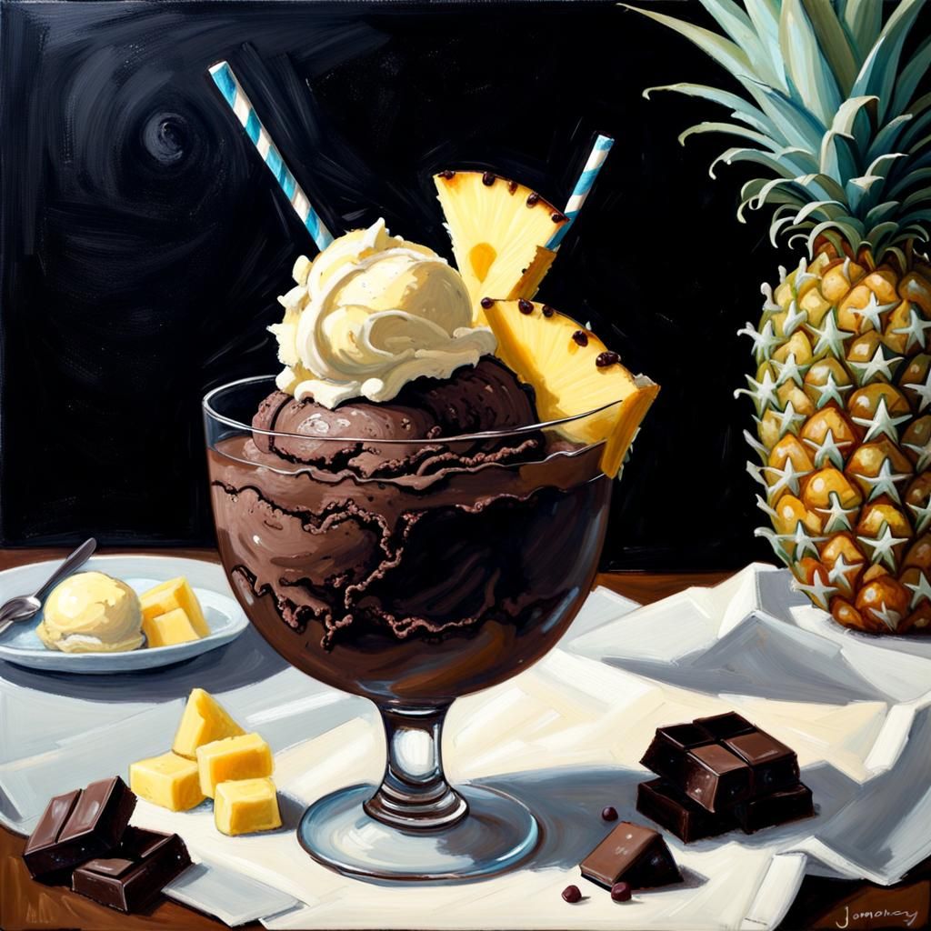 Dark chocolate ice cream with vanilla cake, pineapple, and w...