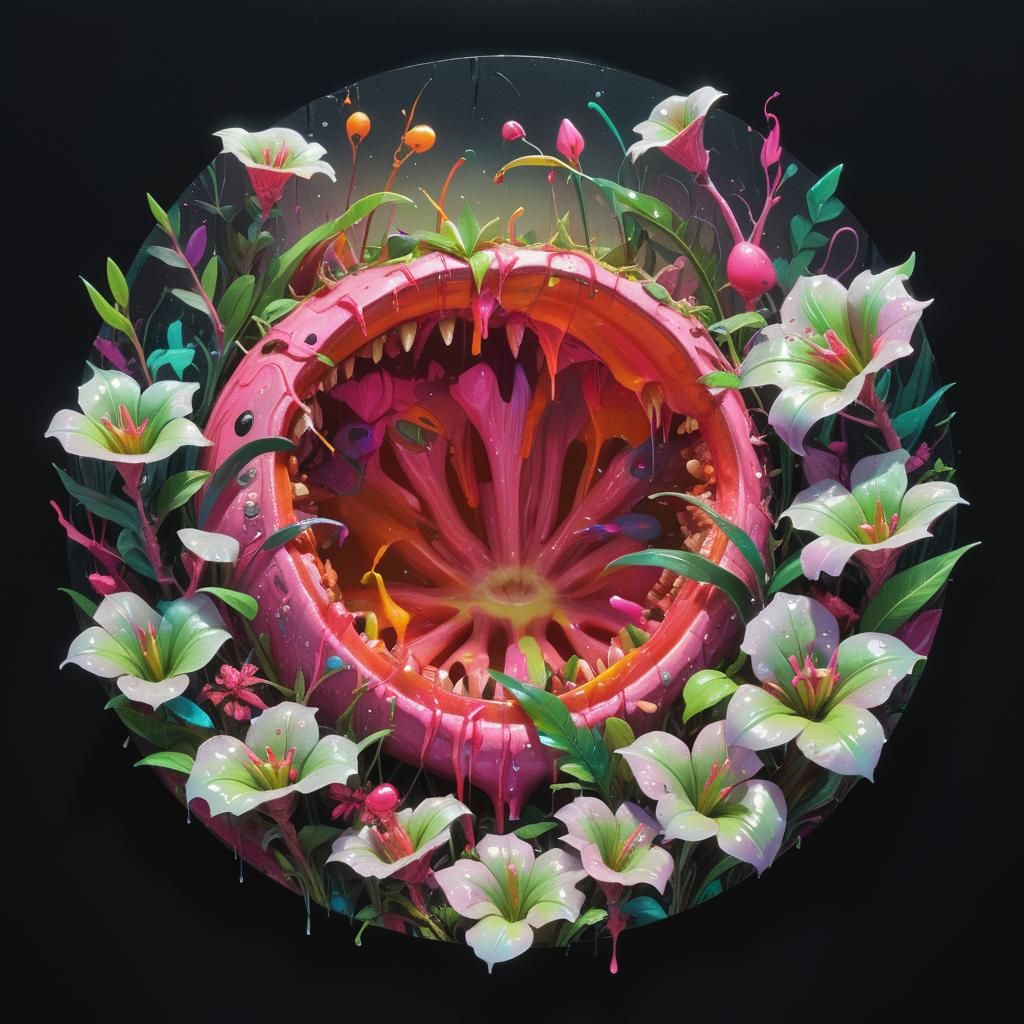 Hyper-realistic, mid shot. Cannibal plant eating its prey in...