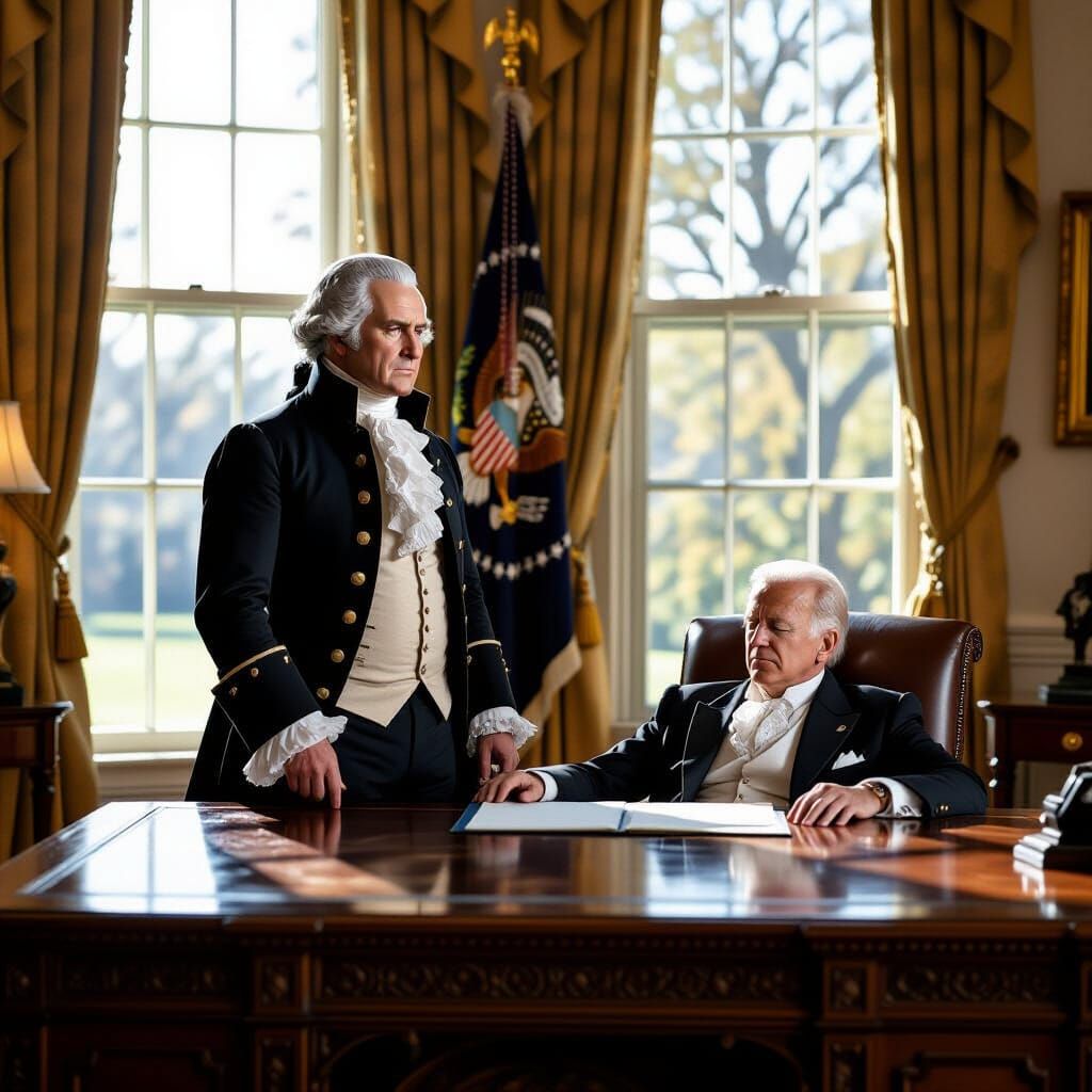 George Washington in the Oval Office of the White House is appalled at Joe Biden for falling asleep at the Resolute Desk