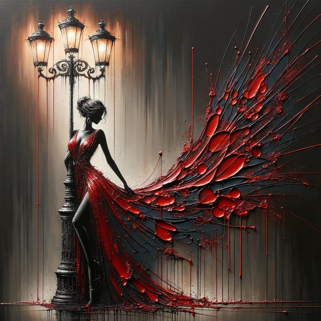 Woman in Red Dress Against Vintage Lamppost