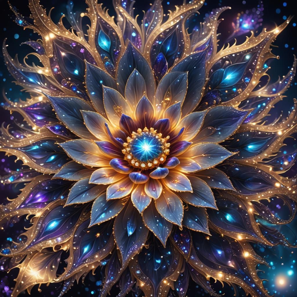 cosmic flower with iridescent petals adorned with sparkling diamonds, floating in the light of distant stars against the backdrop of the inf...