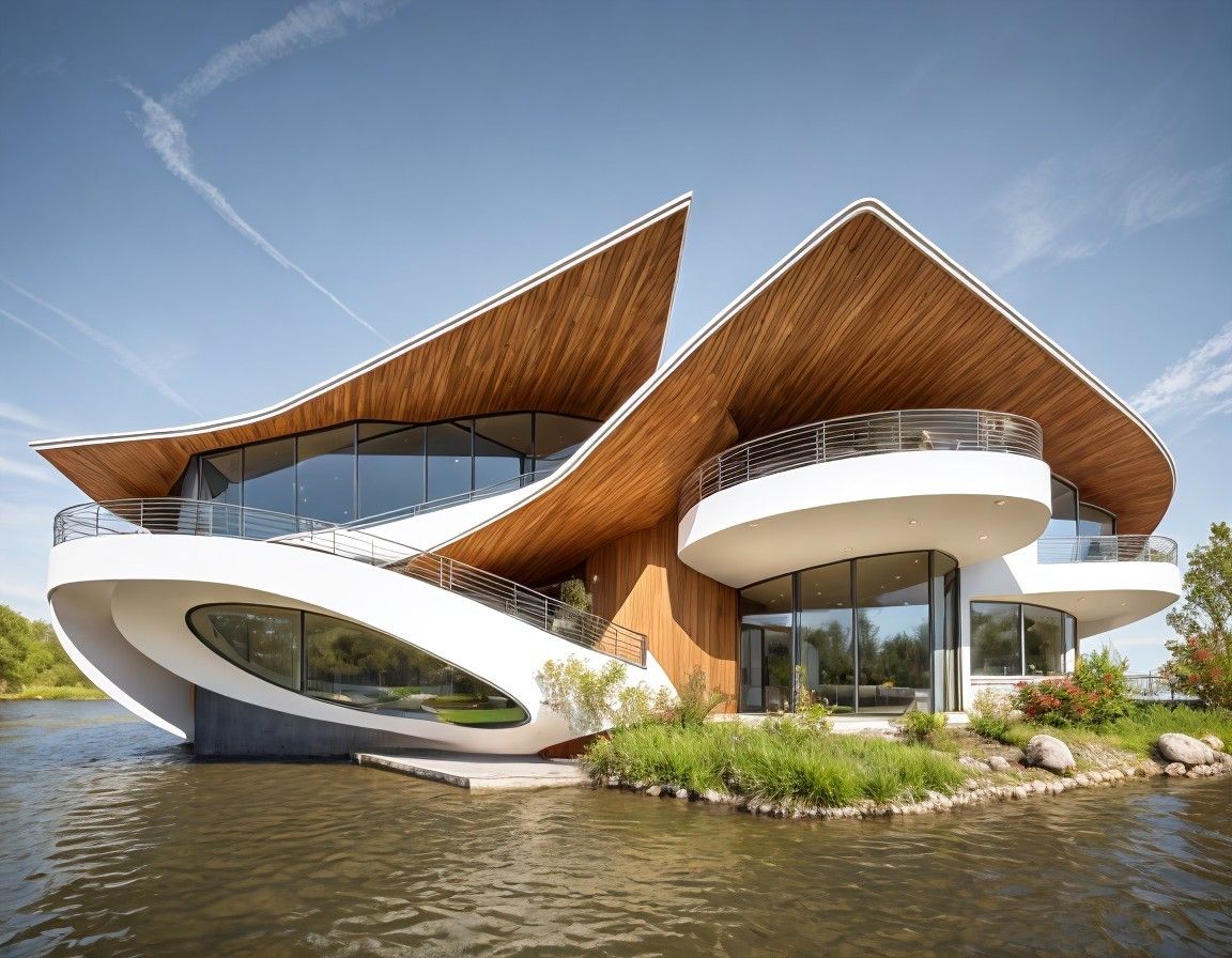 Lakeside Home with Fluid Curves and Serenity