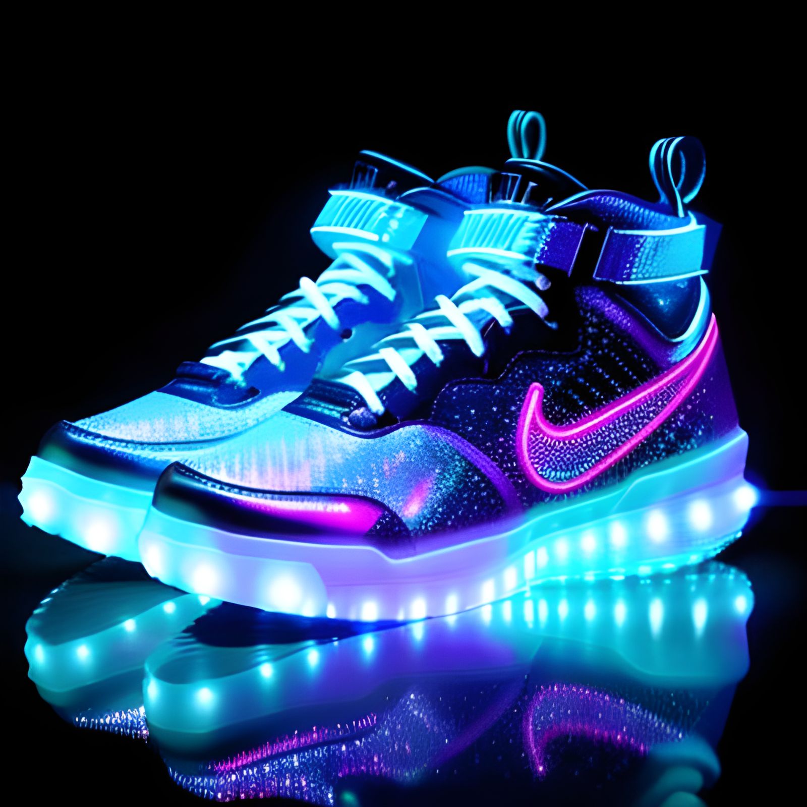 Nike shoes, silver circuitry, LED stars, holographic soles, futuristic ...