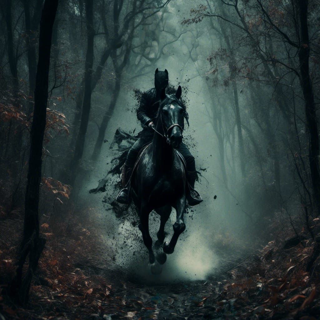 Black horse and rider galopíng through a dense forest at nig...