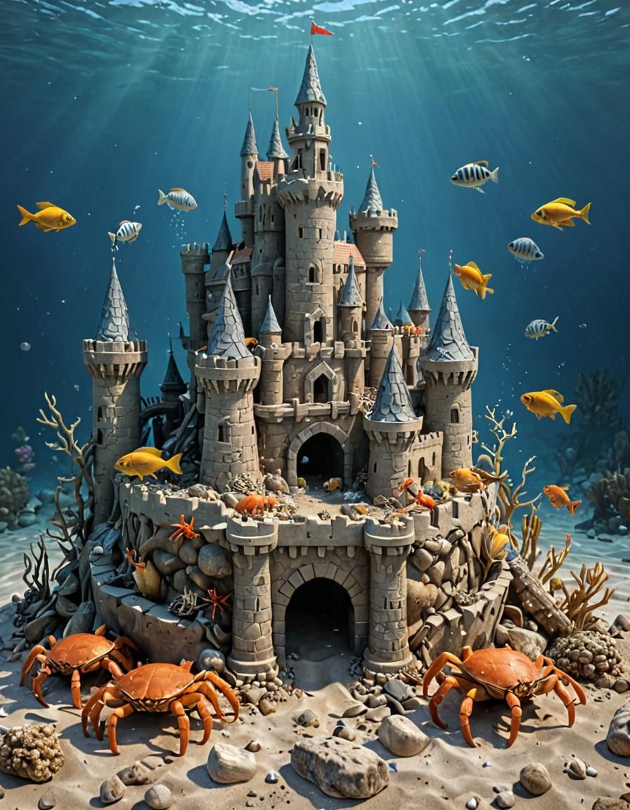 sand castle made of mad-rubble under water, crabs, fish, kelb, caustics, (masterpiece:1.2), best quality, ...  by @Quebra