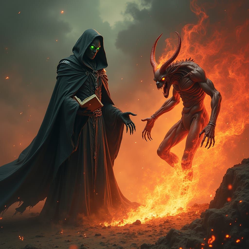 A mesmerizing scene of a grey alien warlock with glowing green eyes, summoning a fire demon. The warlock is adorned with a long, hooded robe...