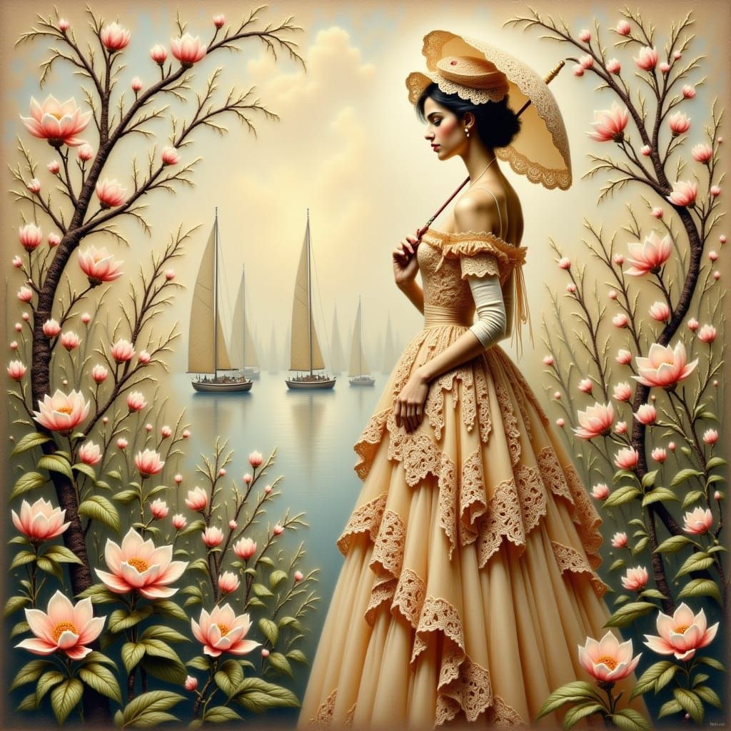 <lora:Lace:1.0> lady in long fluffy dress and lace hat with sun umbrella on sea embankment with blooming magnolias against the background of...