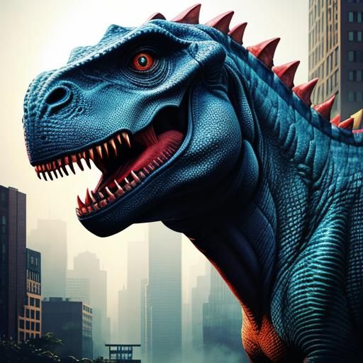 Dinosaur in the city. Hyperrealistic, splash art, concept ar...