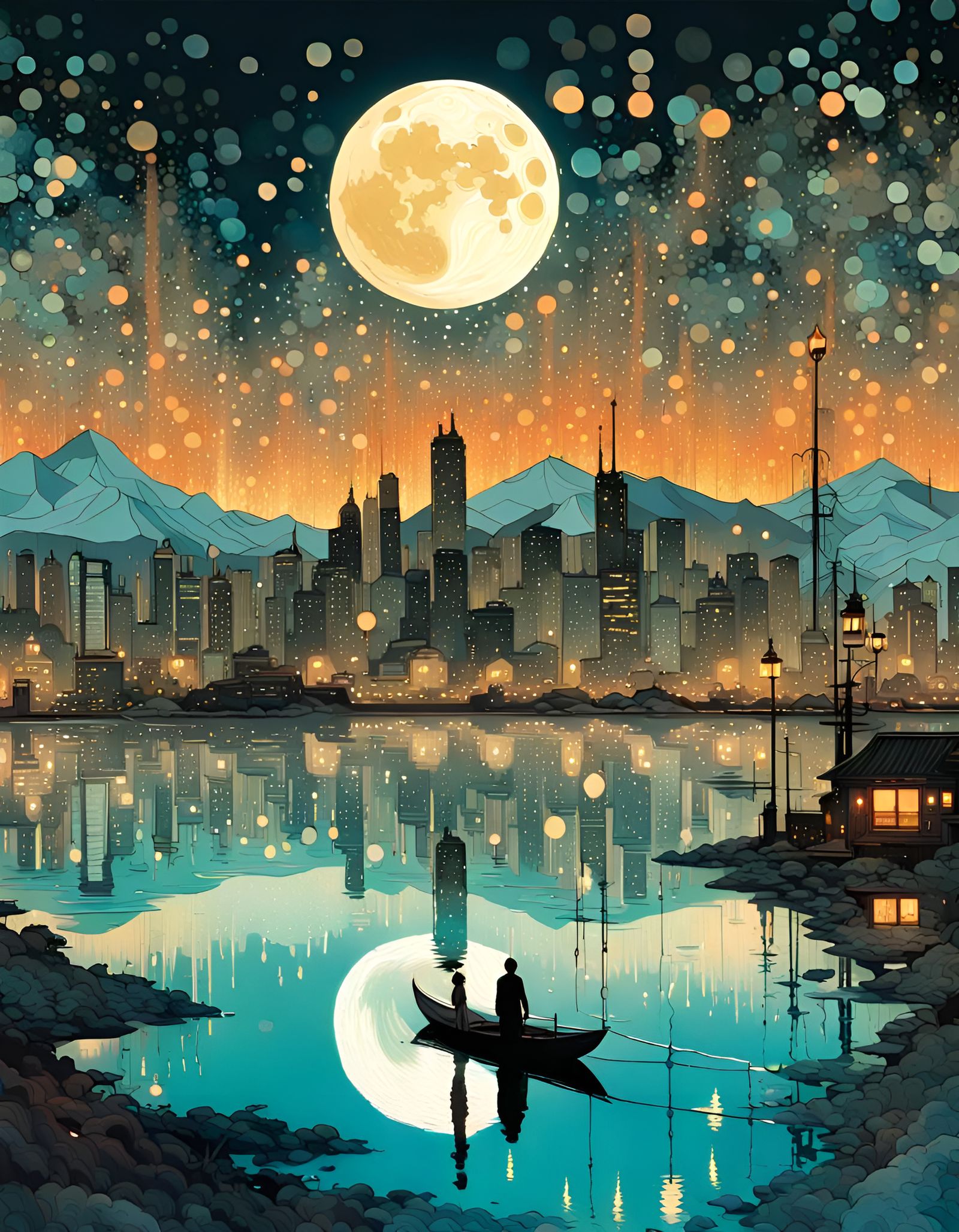 Lakeside City Reflecting Moon: Alcohol Ink Illustration
